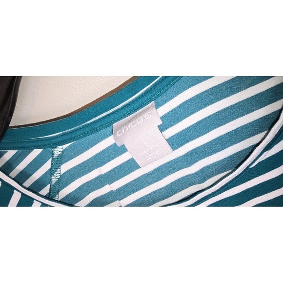 Chico's‎ Green/White Asymmetrical Striped Long Sleeve Ponte Top Size Med 1 - Picture 6 of 8